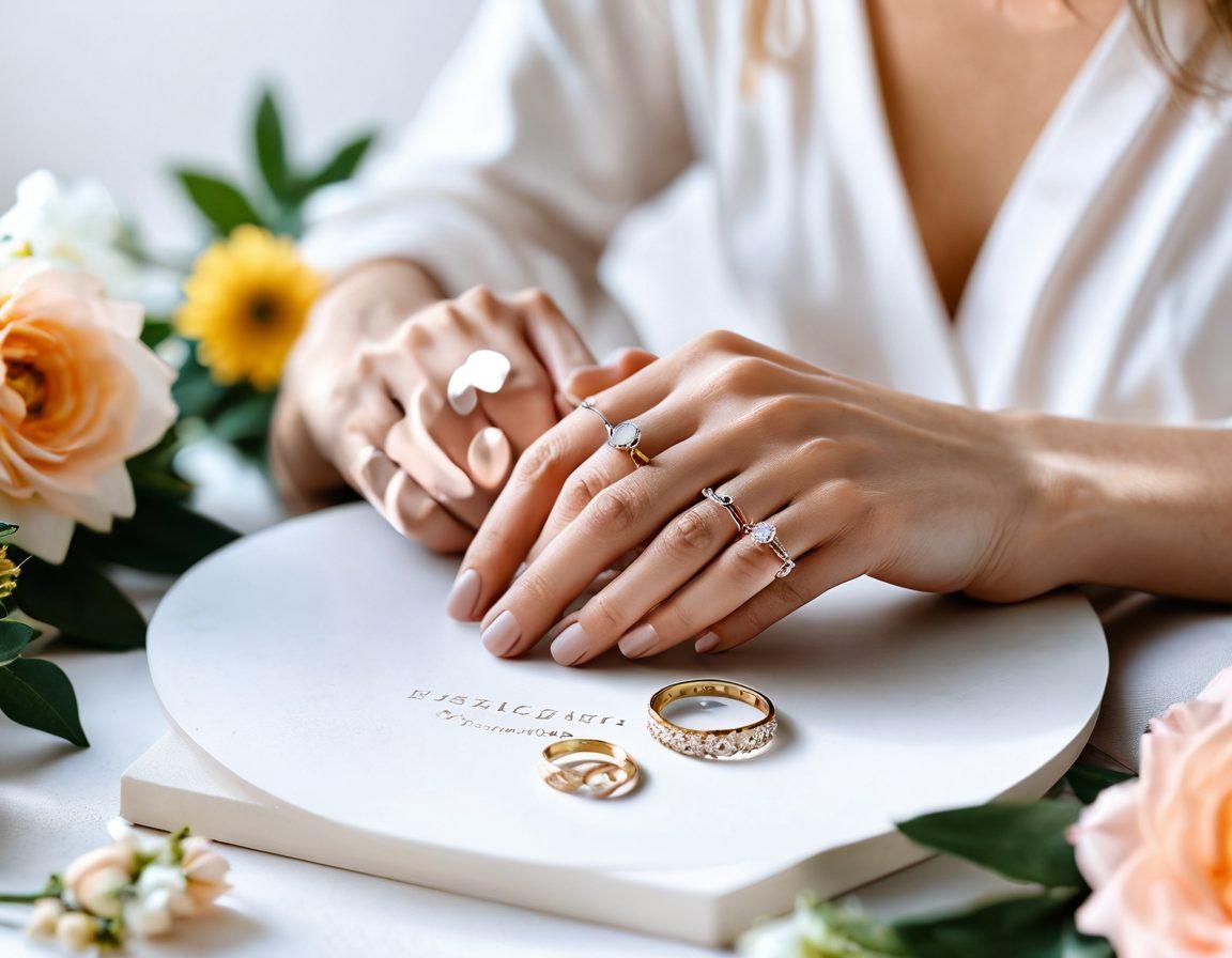 A serene, bright setup featuring a collection of minimalist rings displayed on a smooth, soft-colored surface. Each ring embodies simple elegance, surrounded by delicate flowers and gentle light. The background radiates a calm ambiance, symbolizing joy and tranquility in accessorizing. Include a person gently reaching for a ring to add a touch of human connection. super-realistic. vibrant colors. soft focus.