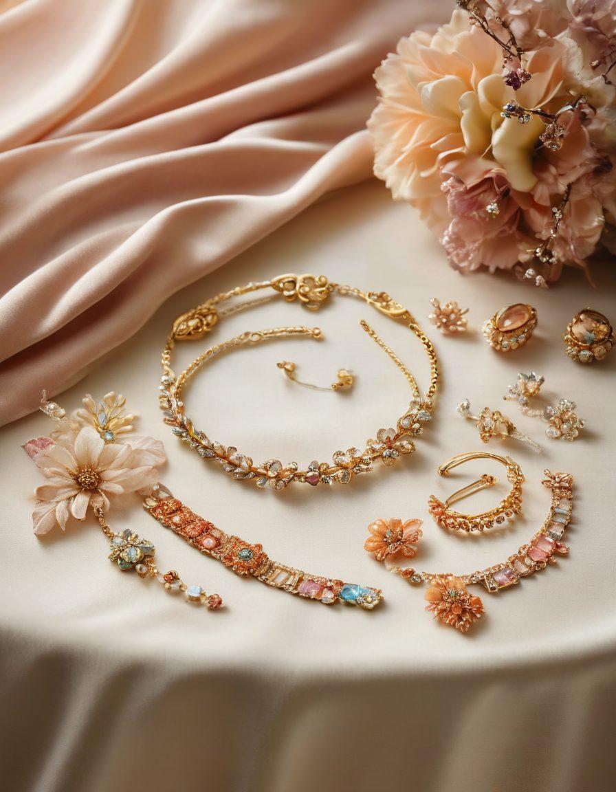 A beautiful arrangement of various jewelry pieces, including delicate necklaces, shimmering earrings, and elegant bracelets, all displayed on a soft velvet cloth. The backdrop features a serene and warm-toned setting with natural light highlighting the sparkle of the gems. Incorporate elements like flowers or soft fabric to evoke a sense of joy and elegance. super-realistic. vibrant colors. soft focus.