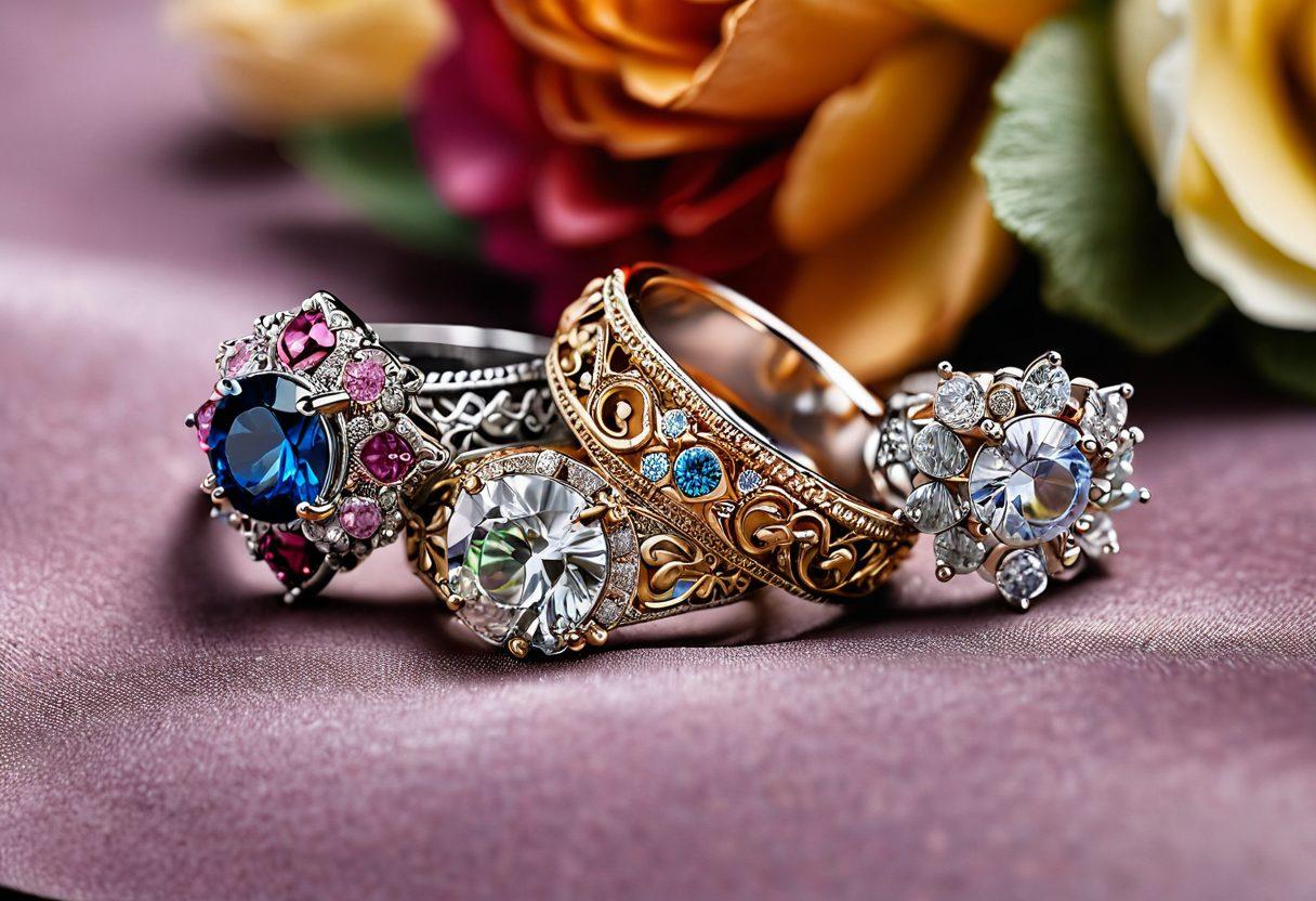 A close-up of beautifully crafted rings with intricate designs, displayed atop a soft velvet fabric, surrounded by delicate flowers and sparkling gemstones. The setting should evoke a sense of elegance and charm, with warm, inviting lighting that highlights the details of each ring. A hint of shimmering light reflecting off the gems to create a dreamy atmosphere. super-realistic. vibrant colors. soft focus.